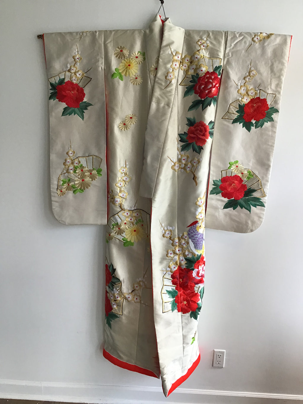 1960s Red Peonies,Birds Handembroidered Silk Kimono
