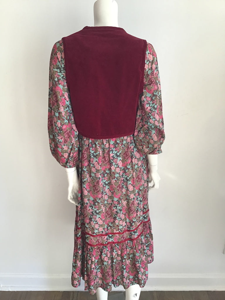 1970s Ragtime Floral Printed Dress with Vest