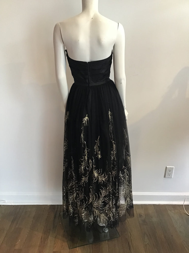 1980's Strapless Vicky Tiel Couture Black net Rhinestone and gold detailed Gown size 5/6