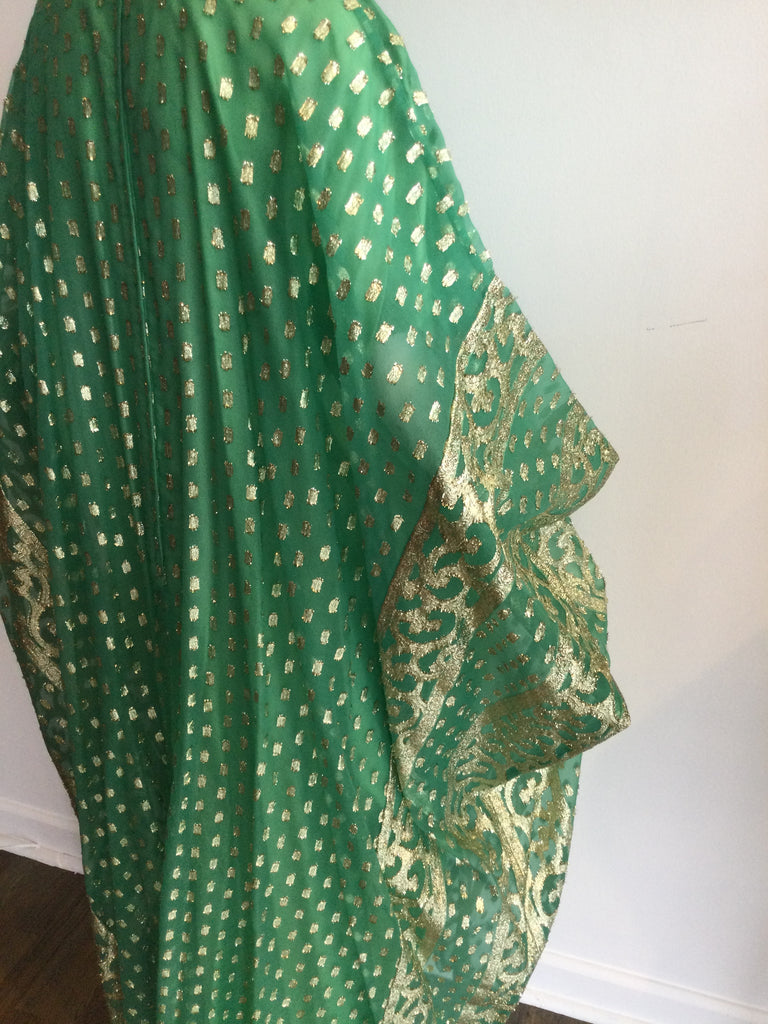 1960s Green Chiffon with gold metallic silk blend Kaftan-unsized