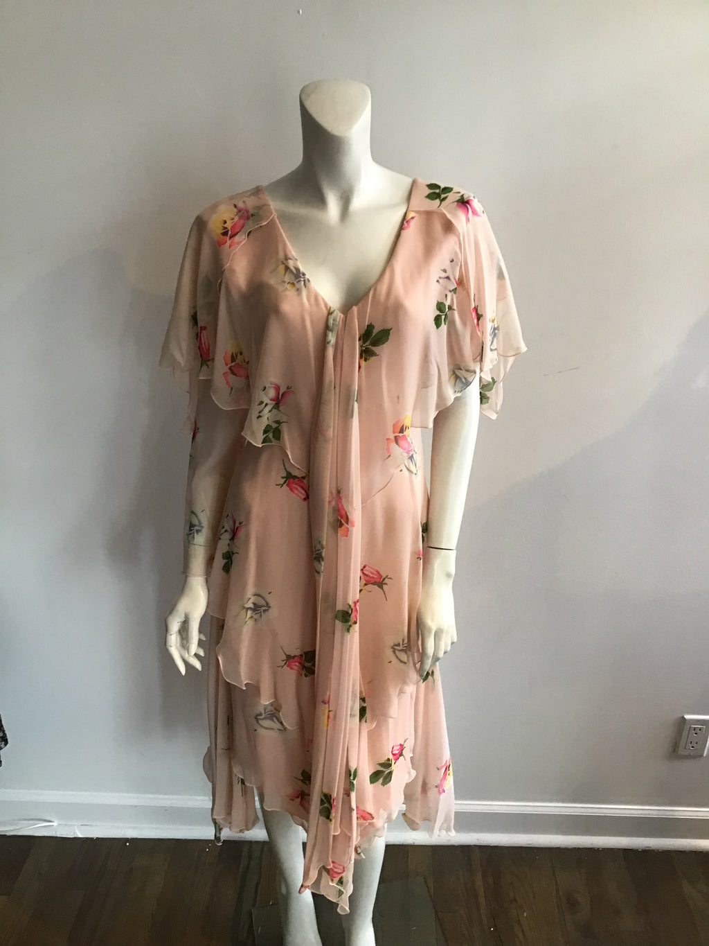 1980's Holly Harp Silk Chiffon Pink Floral Tiered Dress Size 8/9
