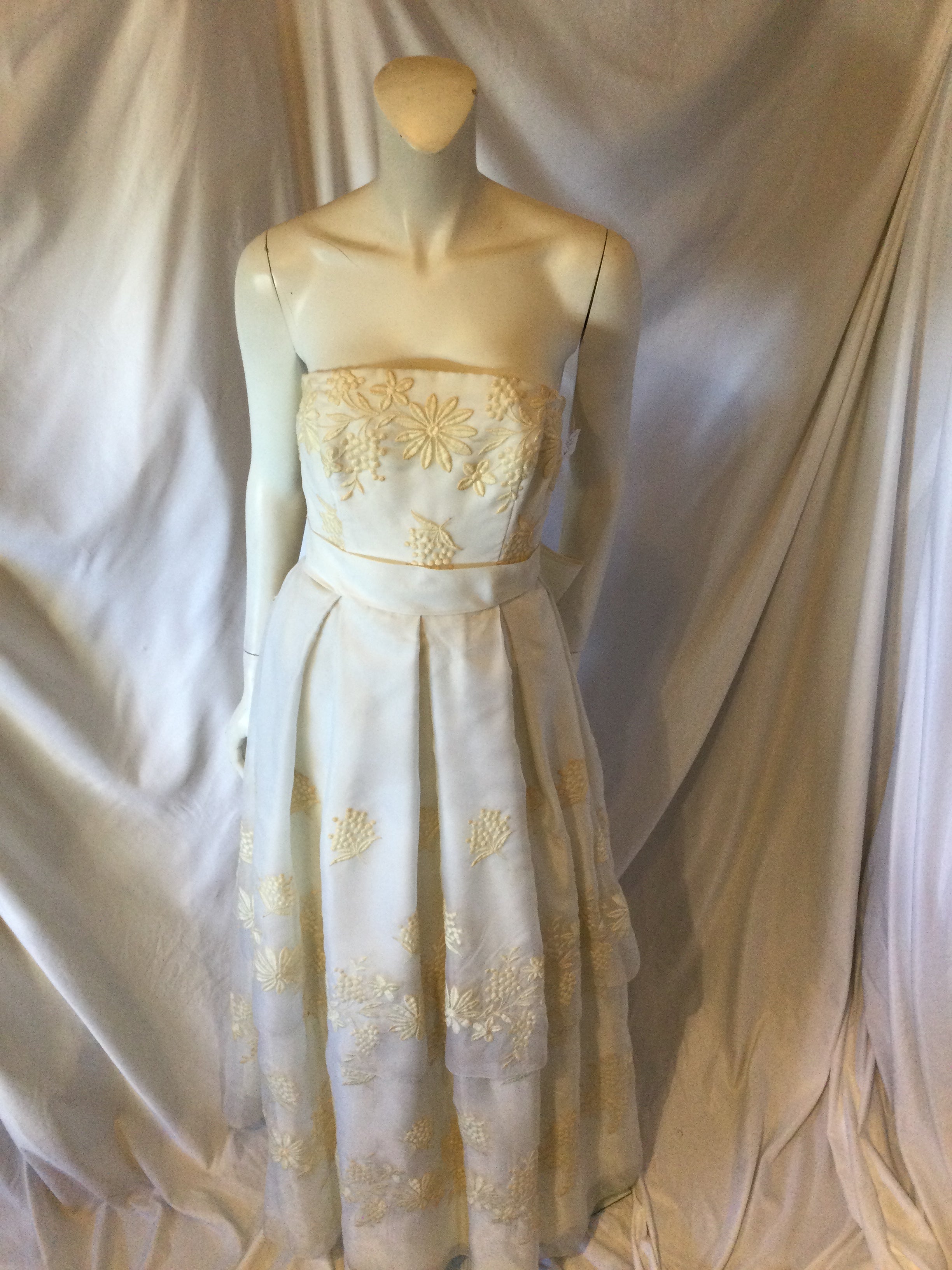 Cream Strapless Cotillion Gown with gold embroidery