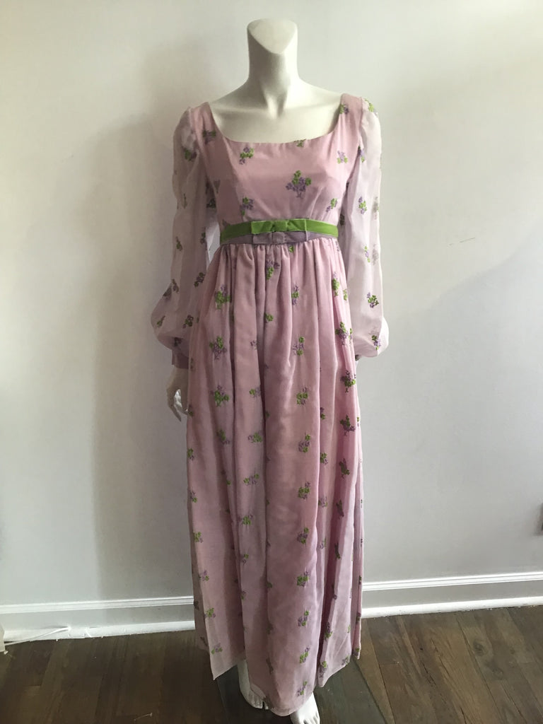 1970s vintage lavender crepe embroidered floral maxi dress