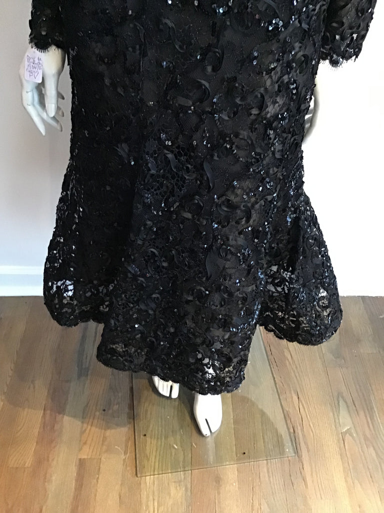 1980's Oscar De La Renta Black  Sequined Evening Dress