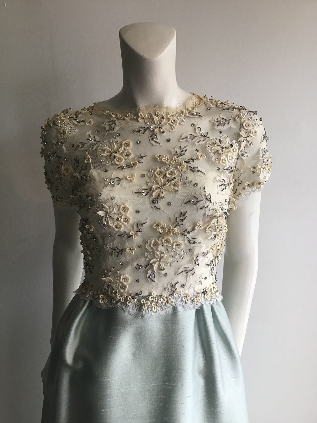 1960s Mat Kaplan Cream Lace and Light Blue Silk Shantung Beaded Evening Gown-size 6