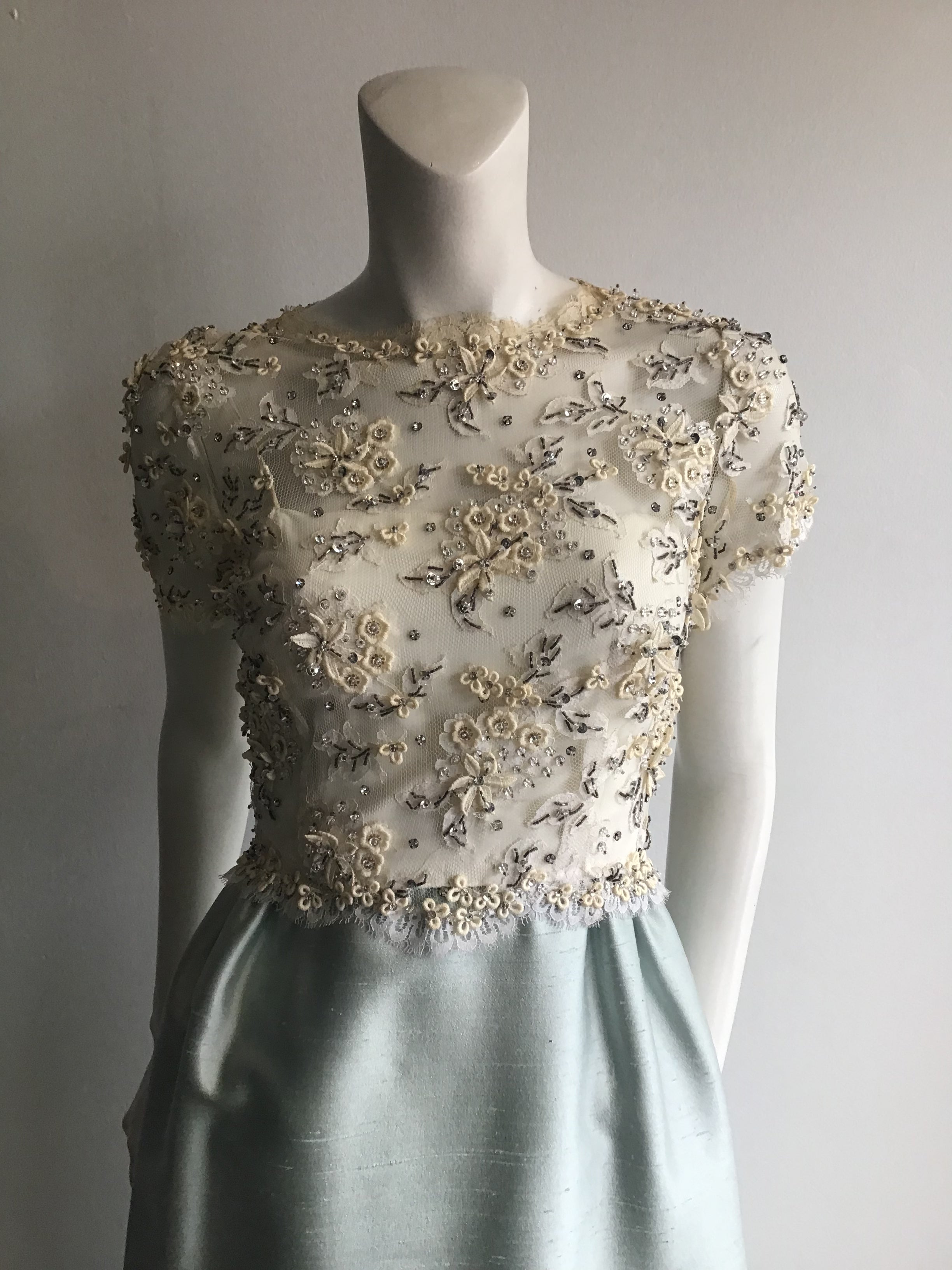 1960s Mat Kaplan Cream Lace and Light Blue Silk Shantung Beaded Evening Gown-size 6