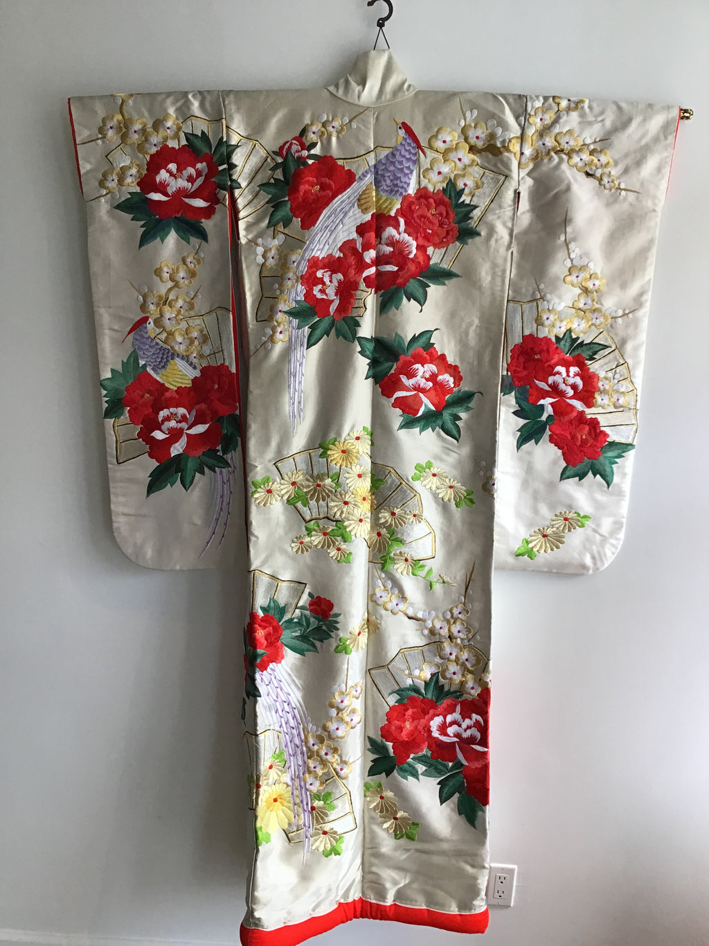 1960s Red Peonies,Birds Handembroidered Silk Kimono