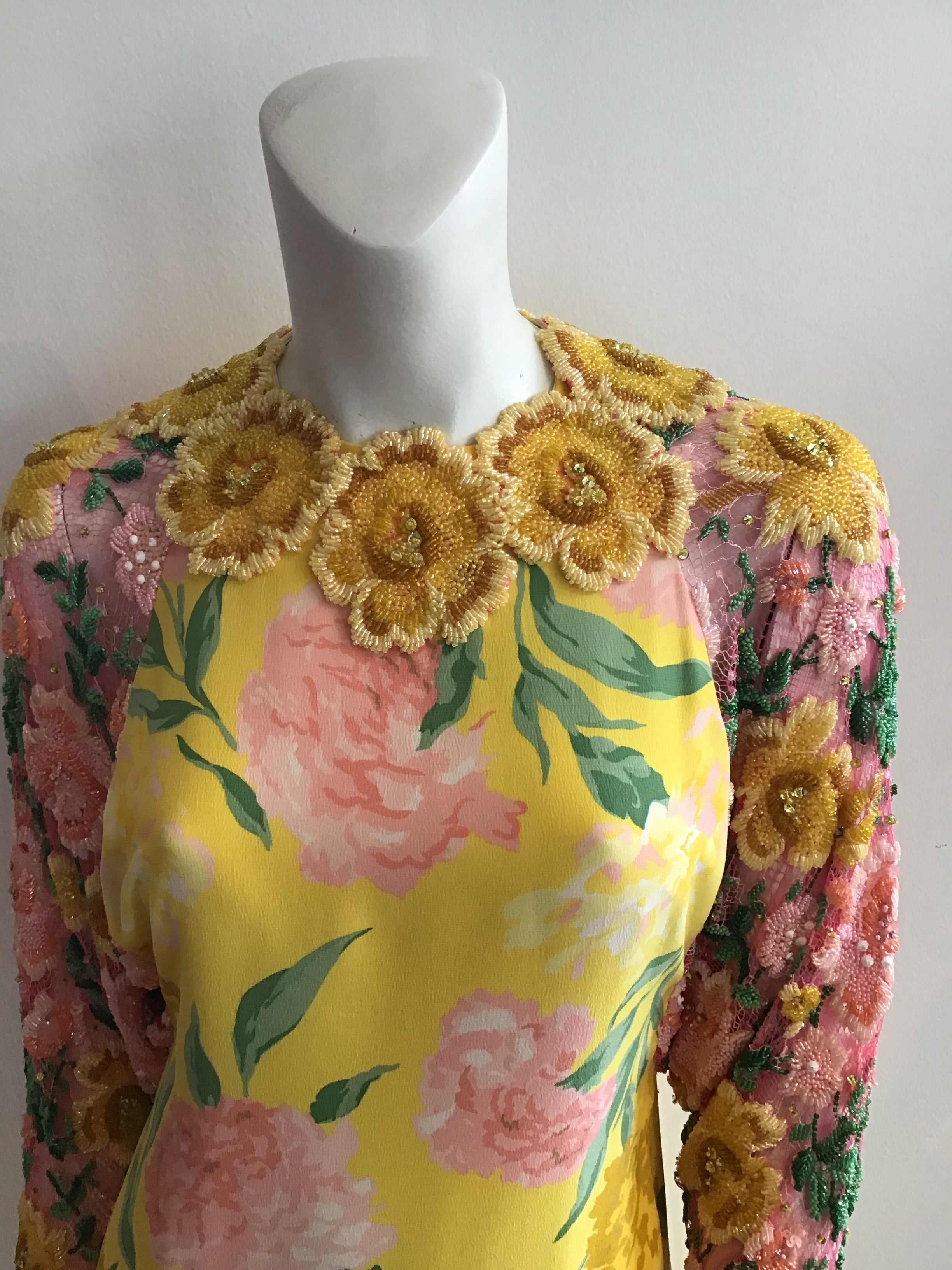 1980s Galanos Yellow Printed Evening Gown