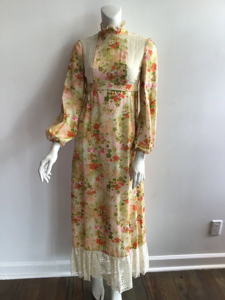 1970's Orange Floral Polyester Maxi Dress with lace size 0-2