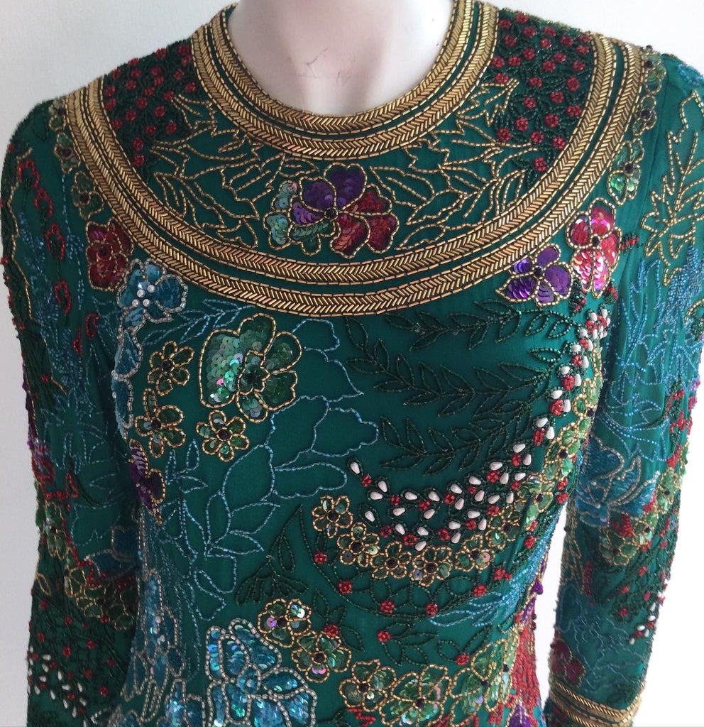 1980's Naeem Khan Silk on Silk  Green/Multicolored Chiffon  Beaded Gown Size 8