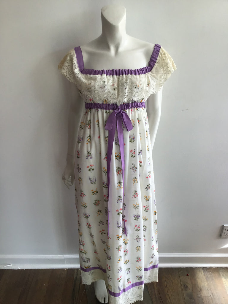 1970s White Cotton with Flowers Maxi Dress