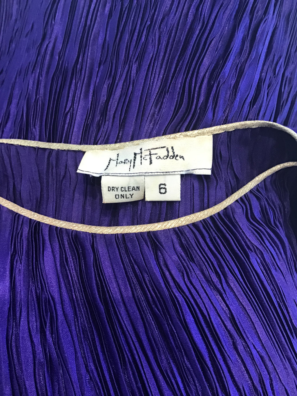 1980's Mary McFadden Couture Royal Purple Silk Pleated Gown with gold detailling -size 6