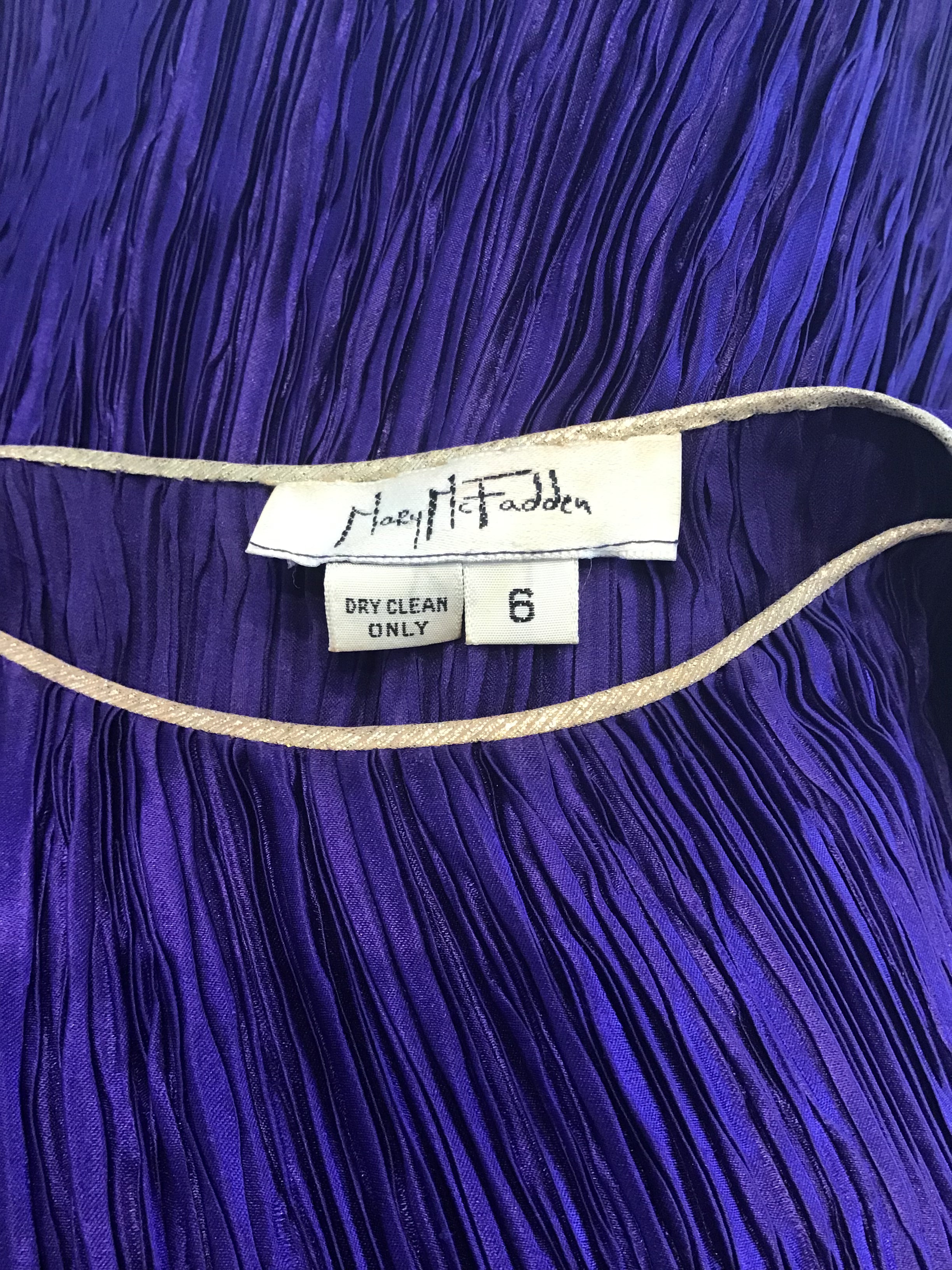 1980's Mary McFadden Couture Royal Purple Silk Pleated Gown with gold detailling -size 6