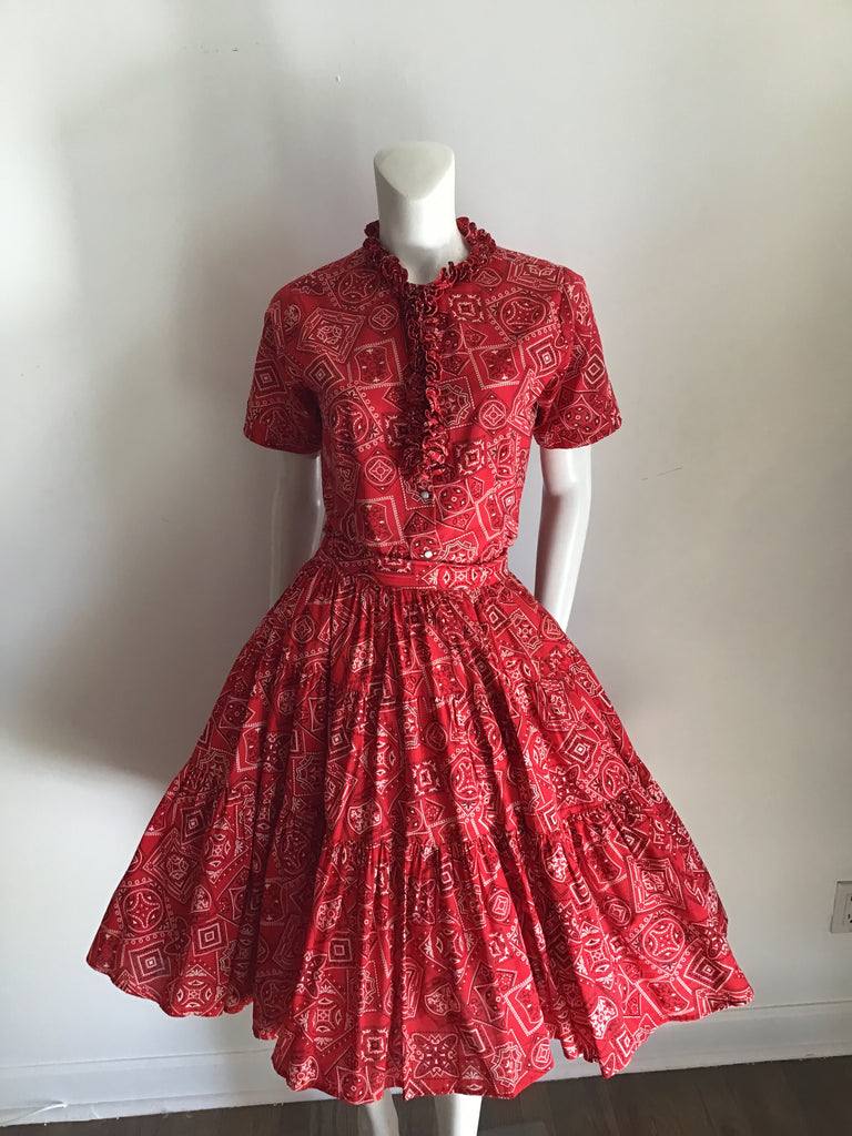 1950s Rockmount Ranch Wear Red Cotton  2 piece Dress