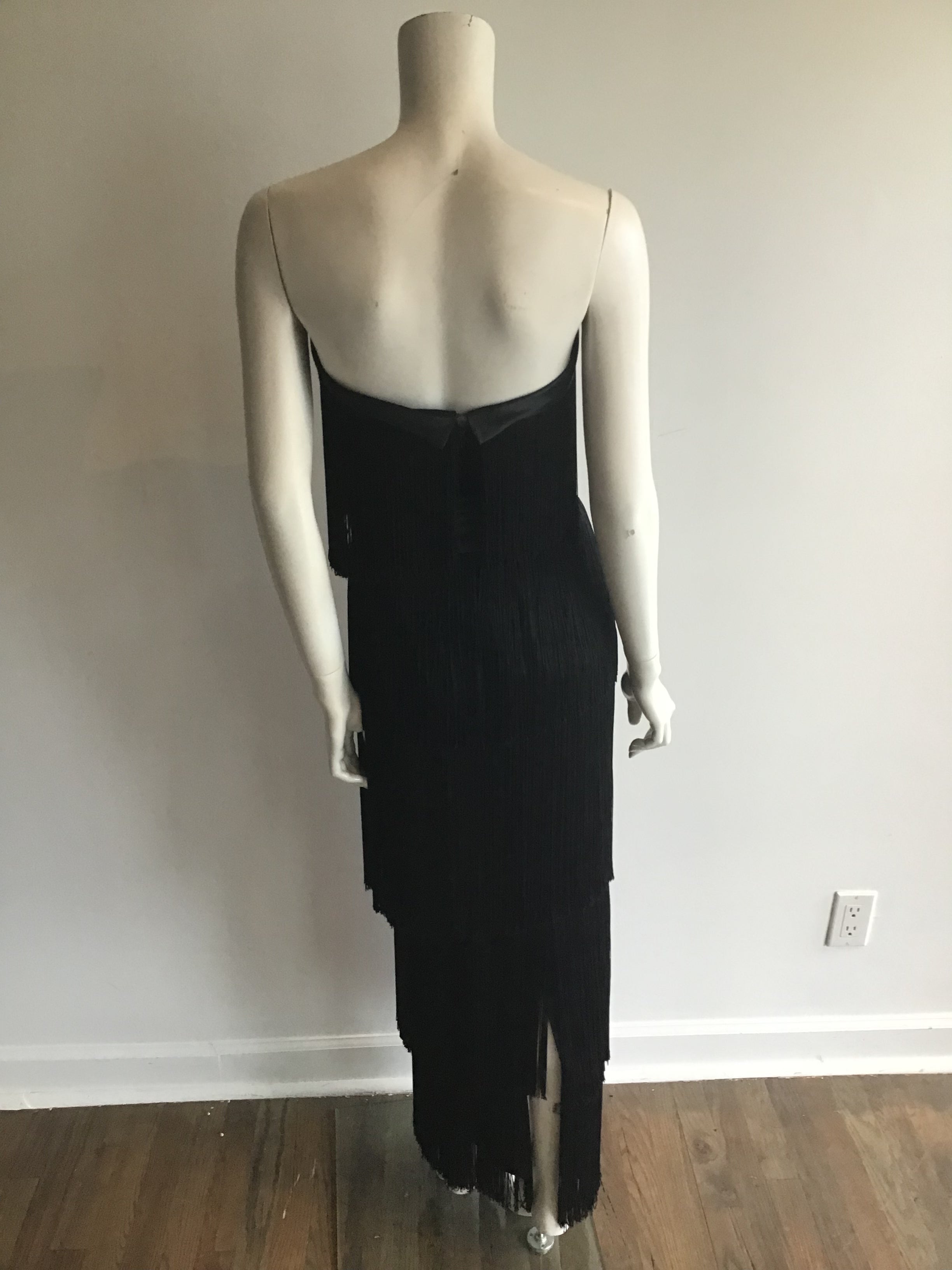 1960s Rose Taft for Couture Black Fringe Evening Gown