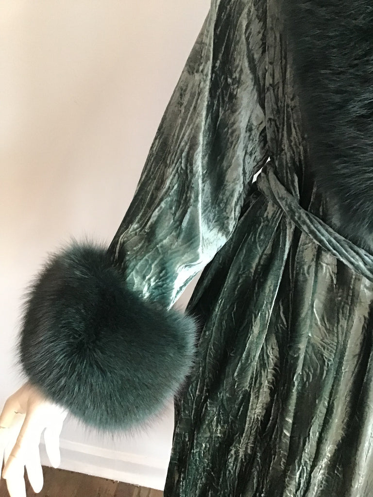 Velvet moss green Robe with dyed fox fur trim