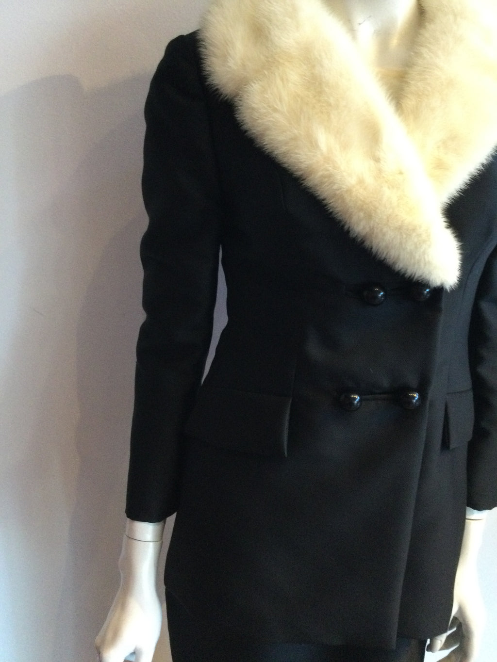 1960s Lillie Rubin Black silk Faille with  White Mink Collar  Evening Suit size 6/7