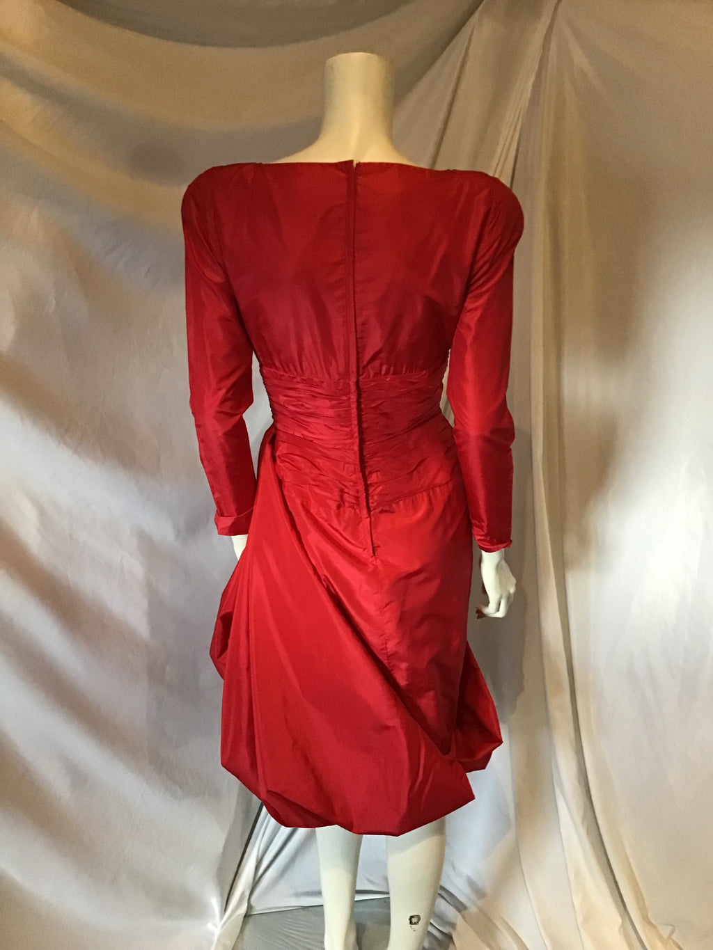 1980's Red Taffeta Cocktail Dress with Side Drape -size 8