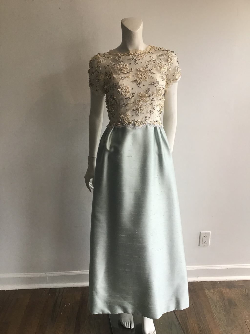 1960s Mat Kaplan Cream Lace and Light Blue Silk Shantung Beaded Evening Gown-size 6
