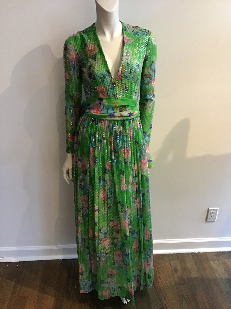1960s Floral Sequined Evening Gown