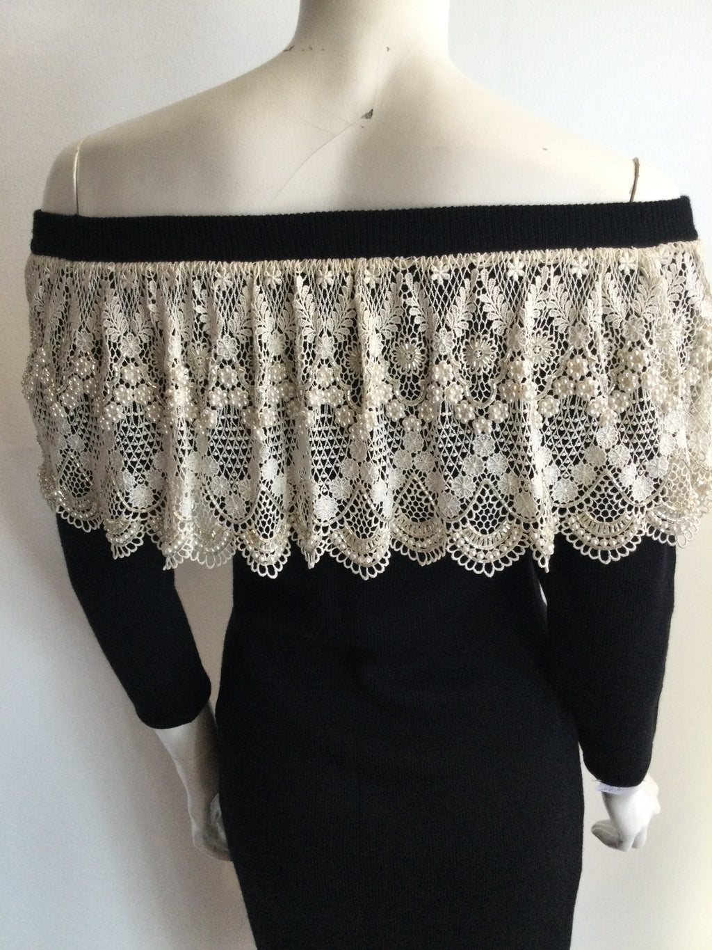 Black knit Diane Fres Vintage 1980s cocktail dress with white crocheted collar with pearl detail