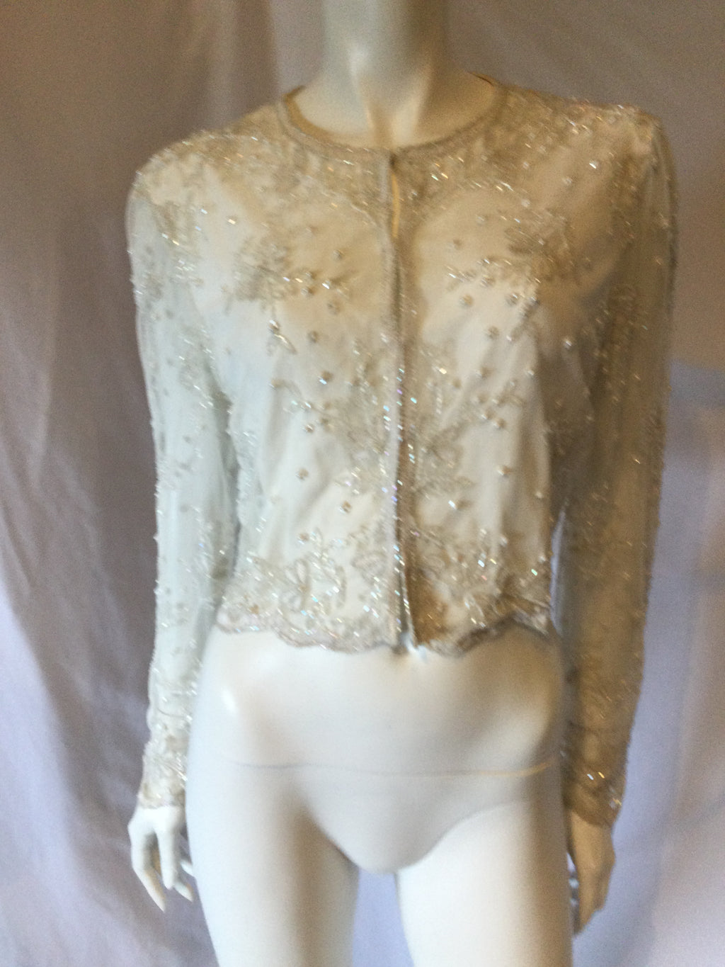 1980's White Crystal Beaded Polyester  Bolero-size 12/14