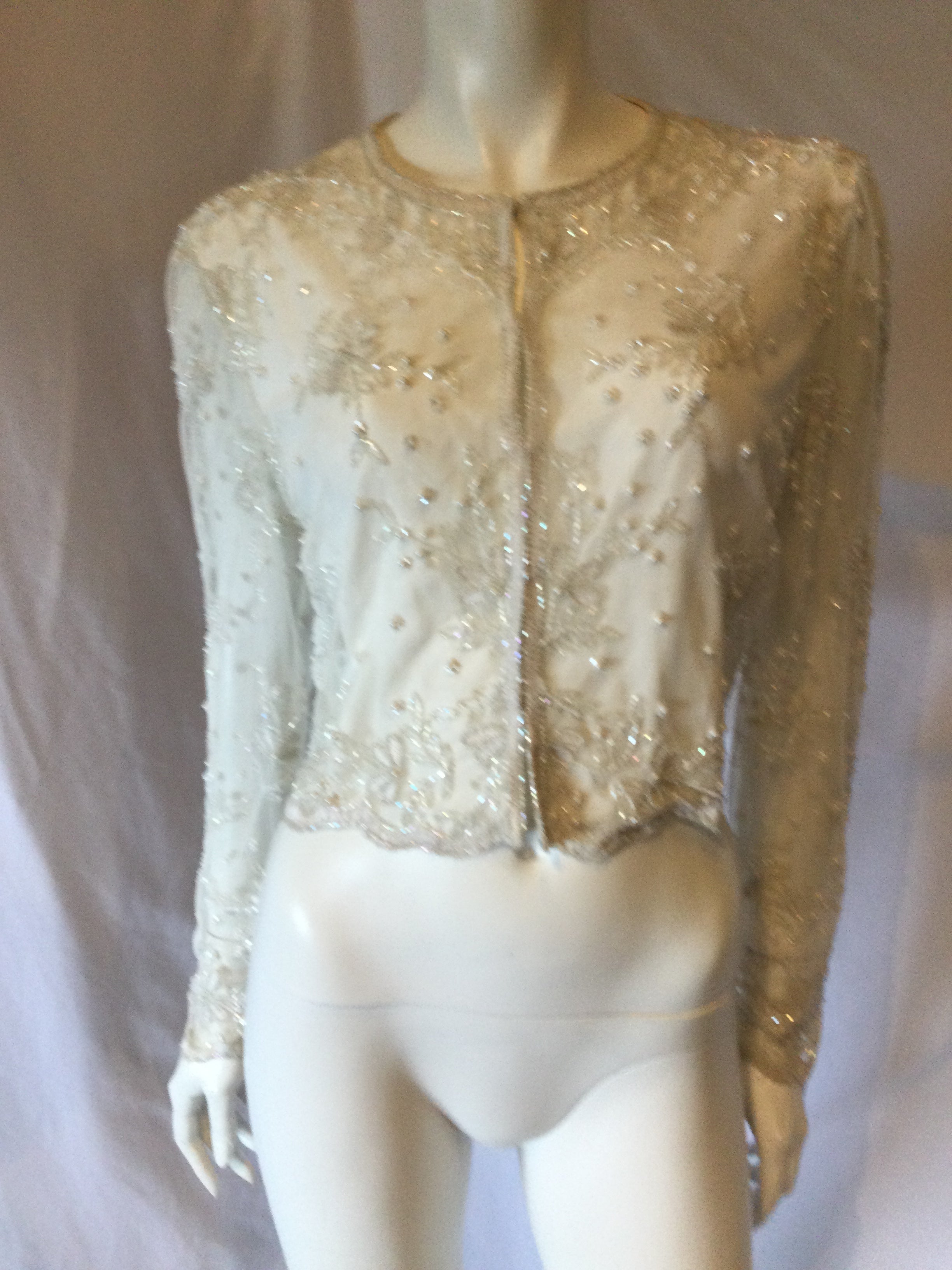 1980's White Crystal Beaded Polyester  Bolero-size 12/14