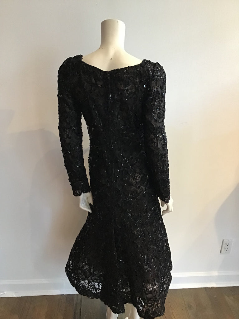 Vintage 1980S Oscar De La Renta Black Sequinned Black Lace Dress
