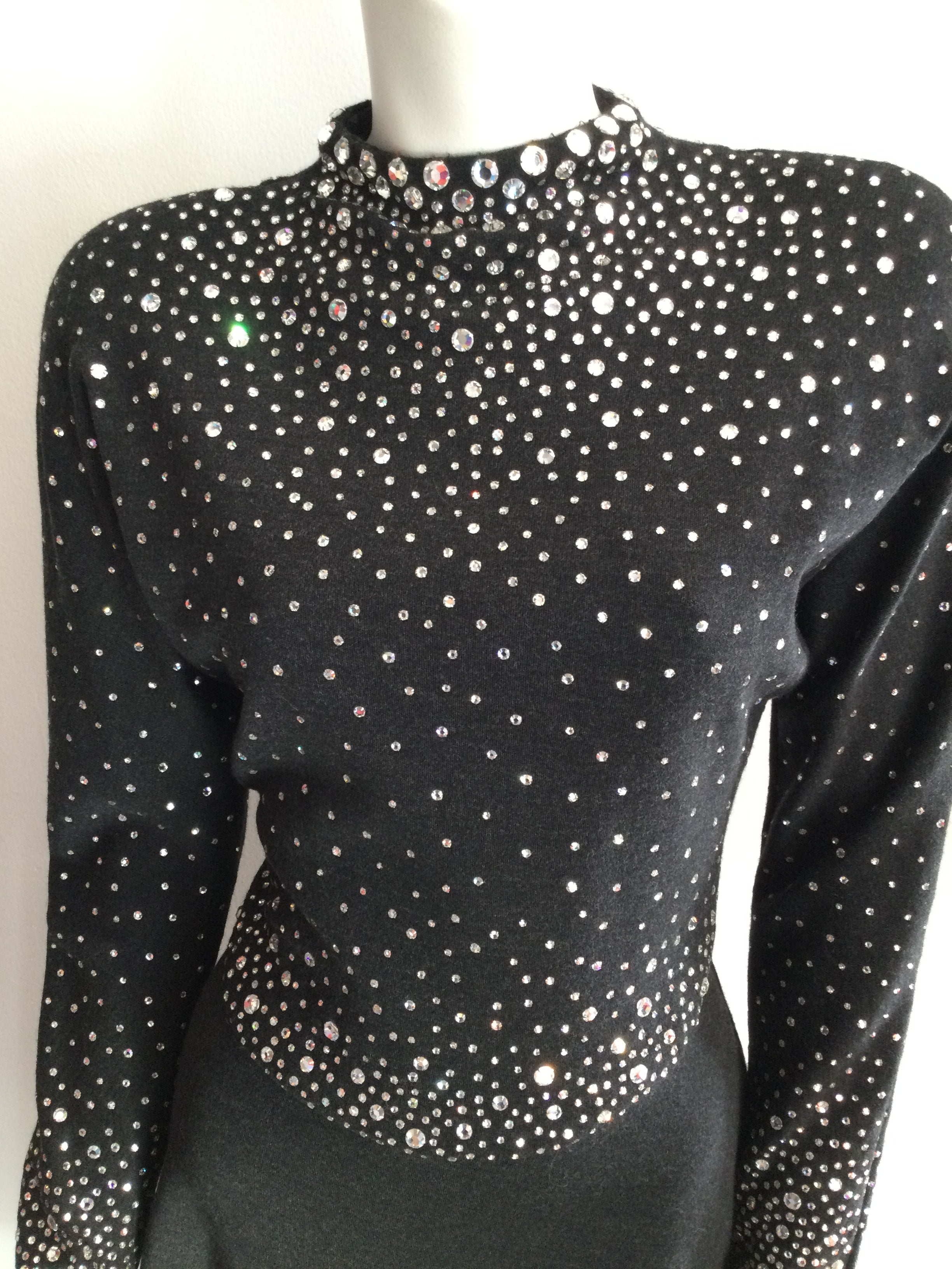 1980's Pauline Trigère Rhinestone Studded Cashmere/Wool blend  Cocktail Dress size 9/10