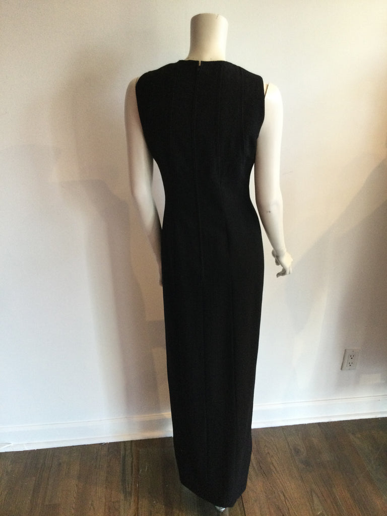 1980s Pauline Trigeré Black Wool Crepe Evening dress with Matching Capelette with fox trim -size 8