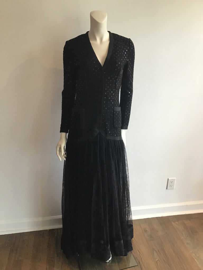 1993 Chanel couture black lace bottom evening gown