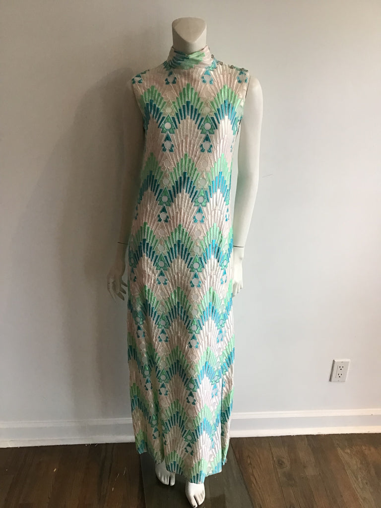 1960s Pat Sandler embroidered Turquoise and White Evening Gown with Matching Shawl