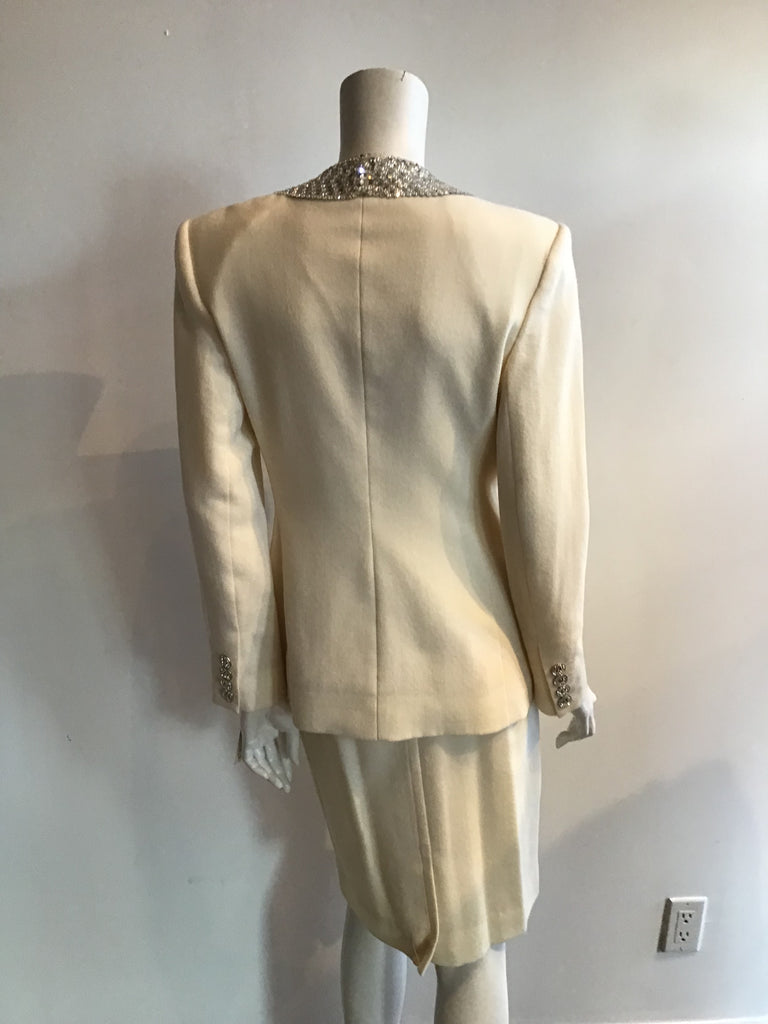 1980s Ivory Perry Ellis suit with silver sequins and steel beads detailiong the collar