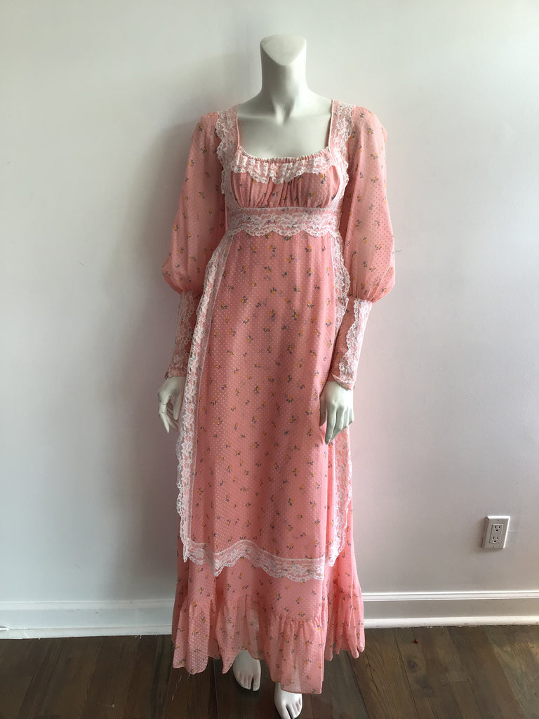 1970s Peach Dotted Swiss with Lace Maxi Dress