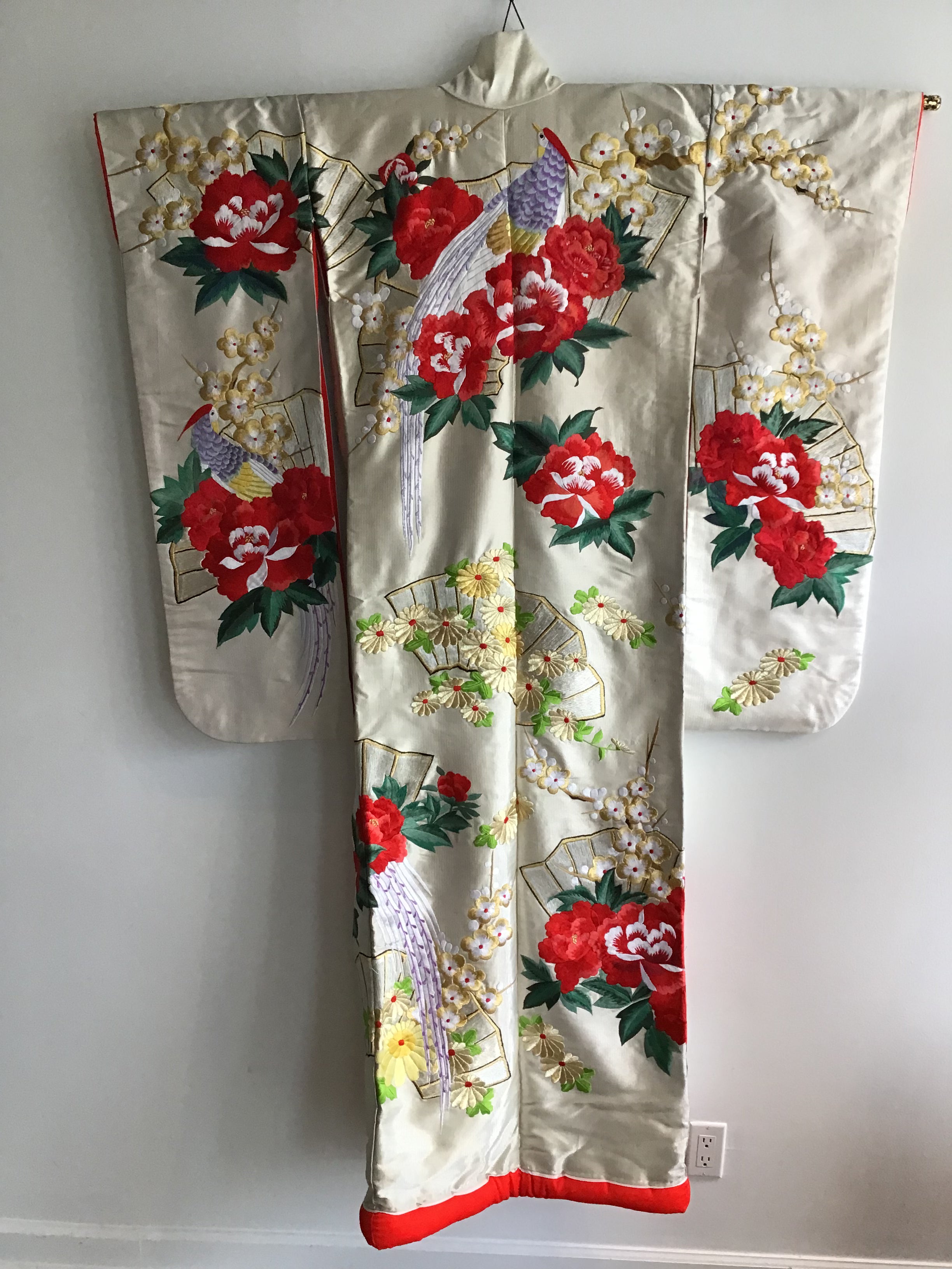 1960s Red Peonies,Birds Handembroidered Silk Kimono