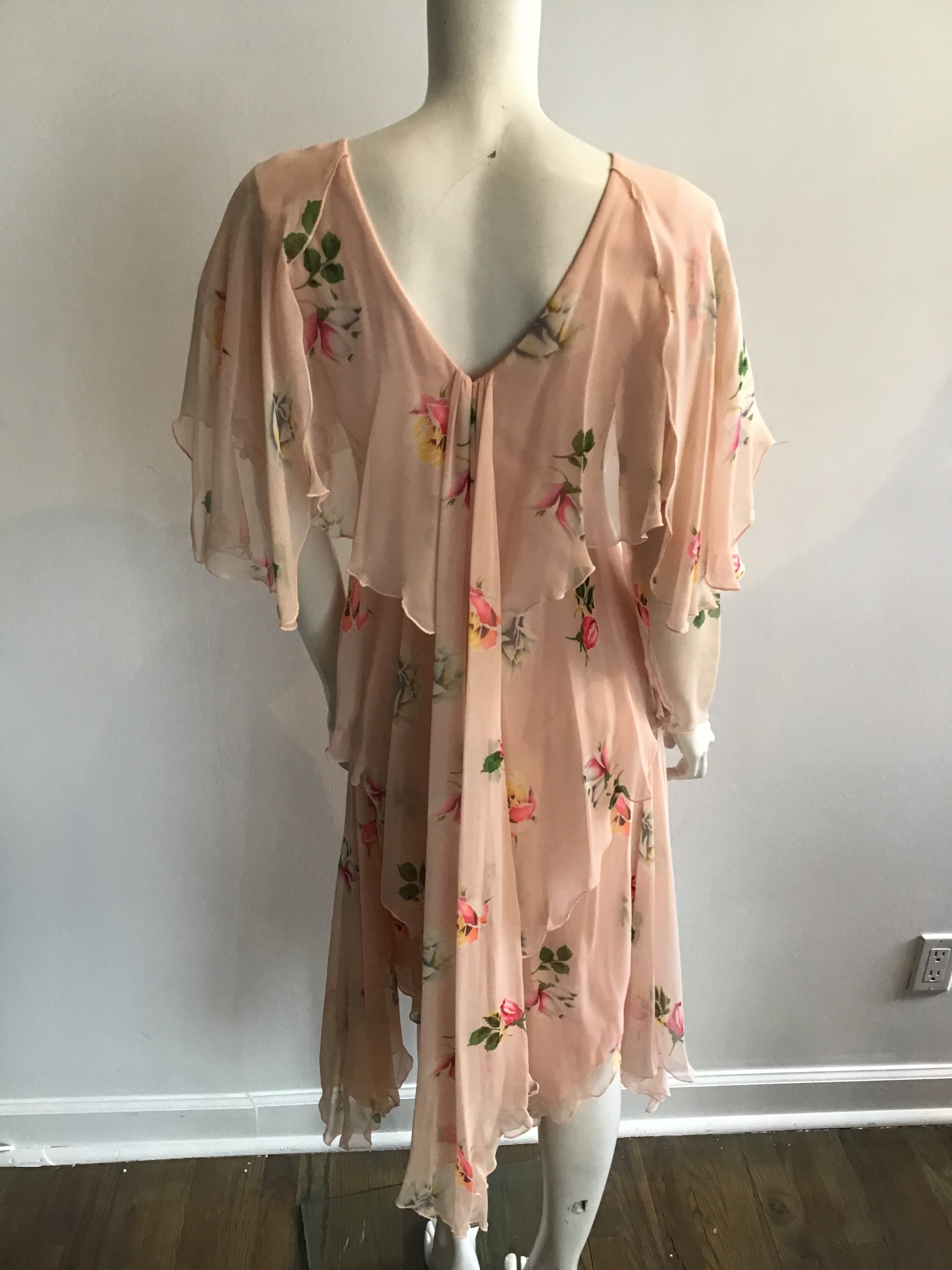 1980's Holly Harp Silk Chiffon Pink Floral Tiered Dress Size 8/9