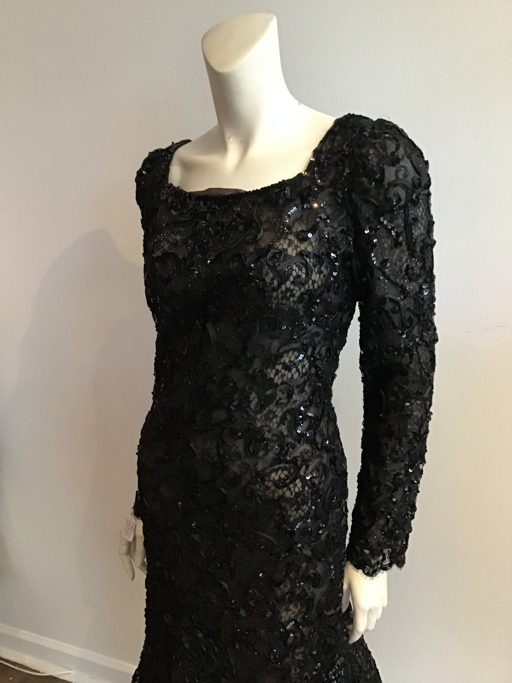 1980's Oscar De La Renta Black  Sequined Evening Dress Unworn  Size 8/9
