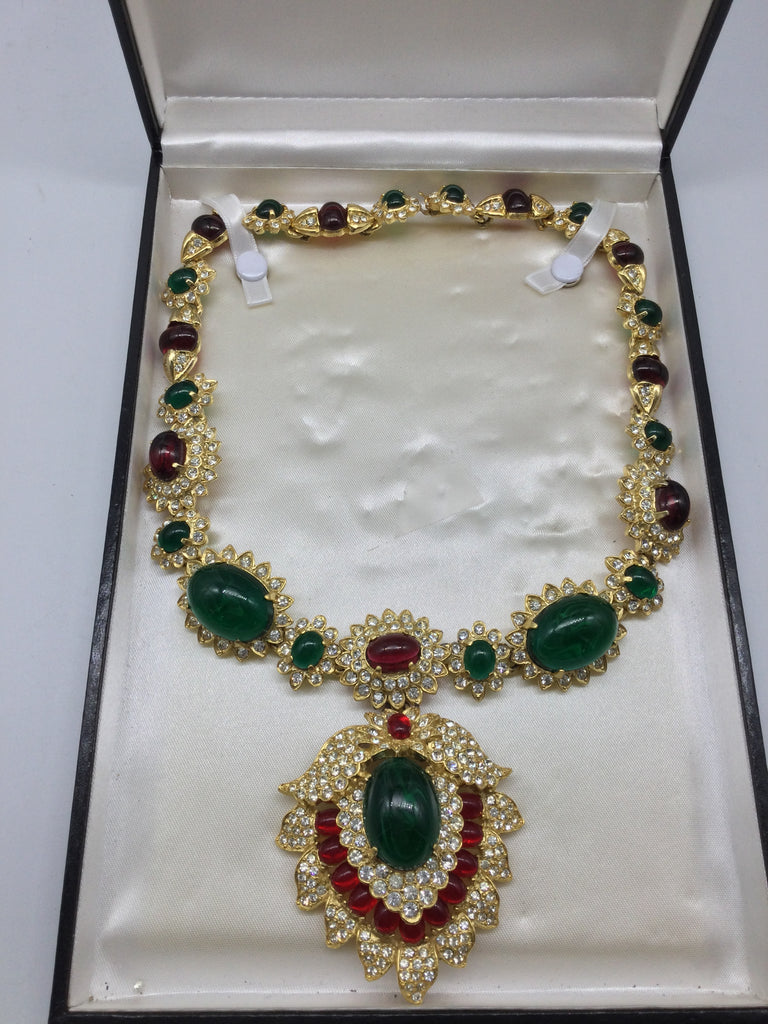 Kenneth Jay Lane Green /Red Cabochon Glass Mughal Style necklace/earrings