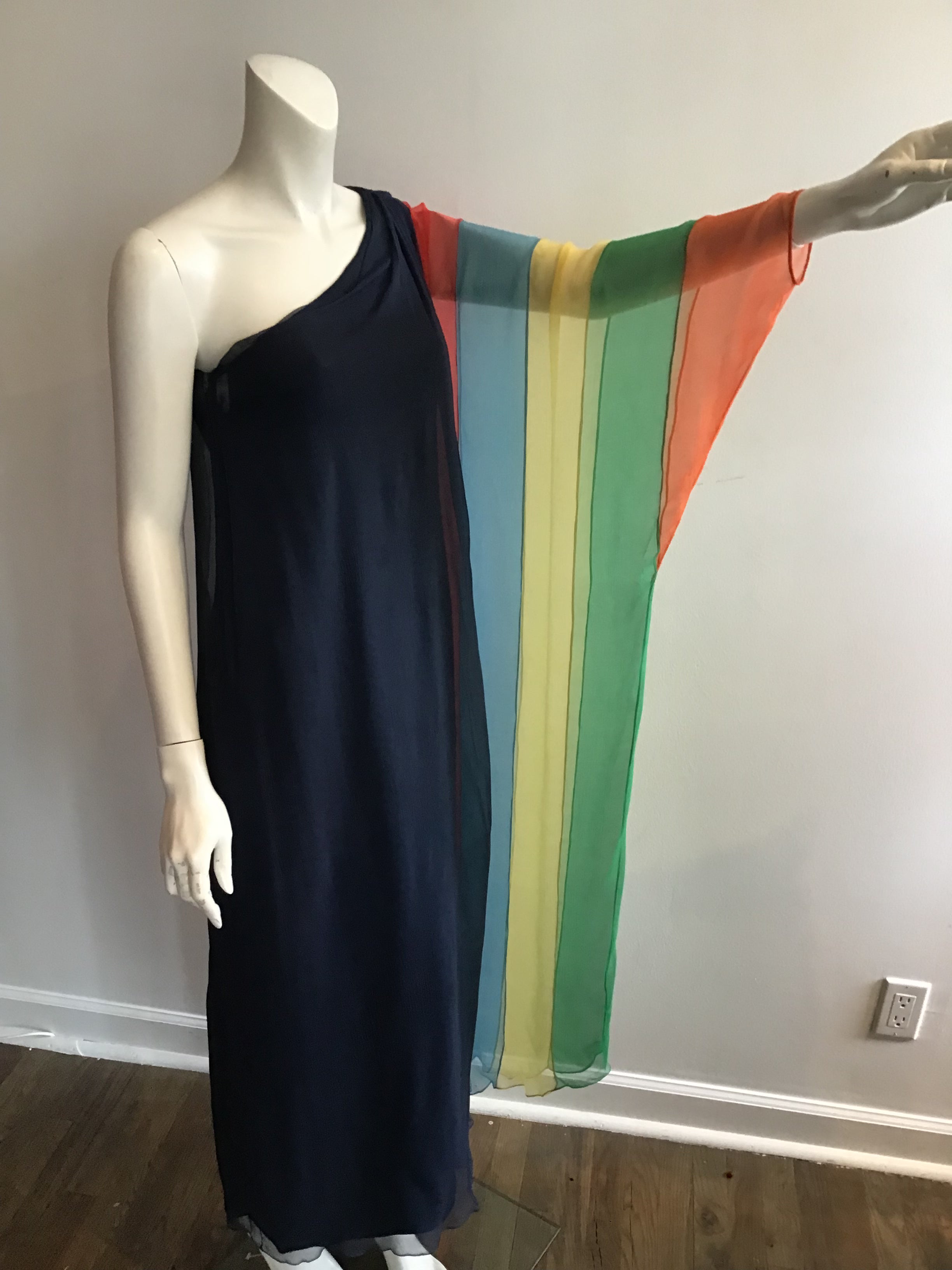 1960s Galanos Navy Chiffon One Shoulder Evening Gown