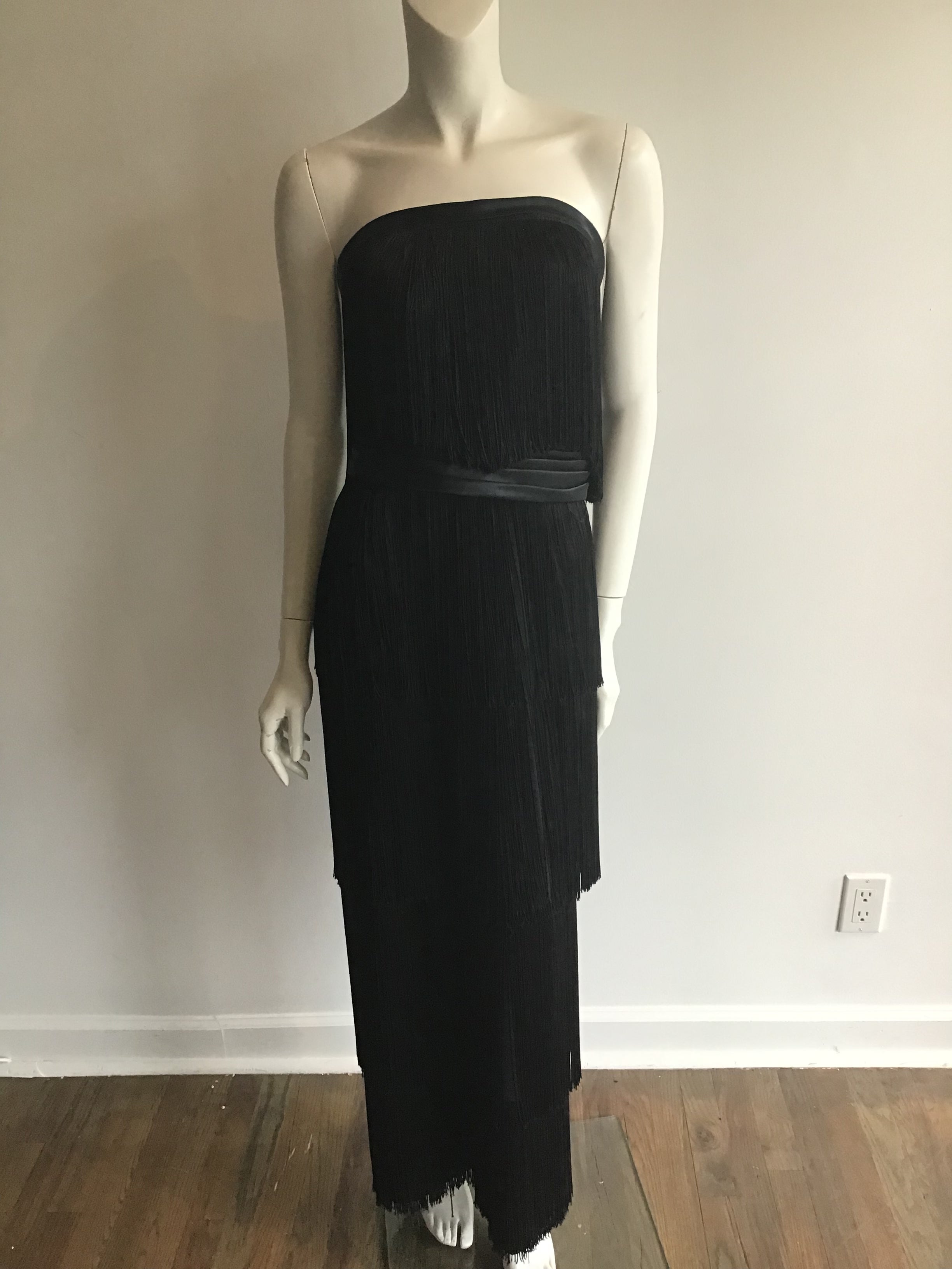 1960s Rose Taft for Couture Black Fringe Evening Gown