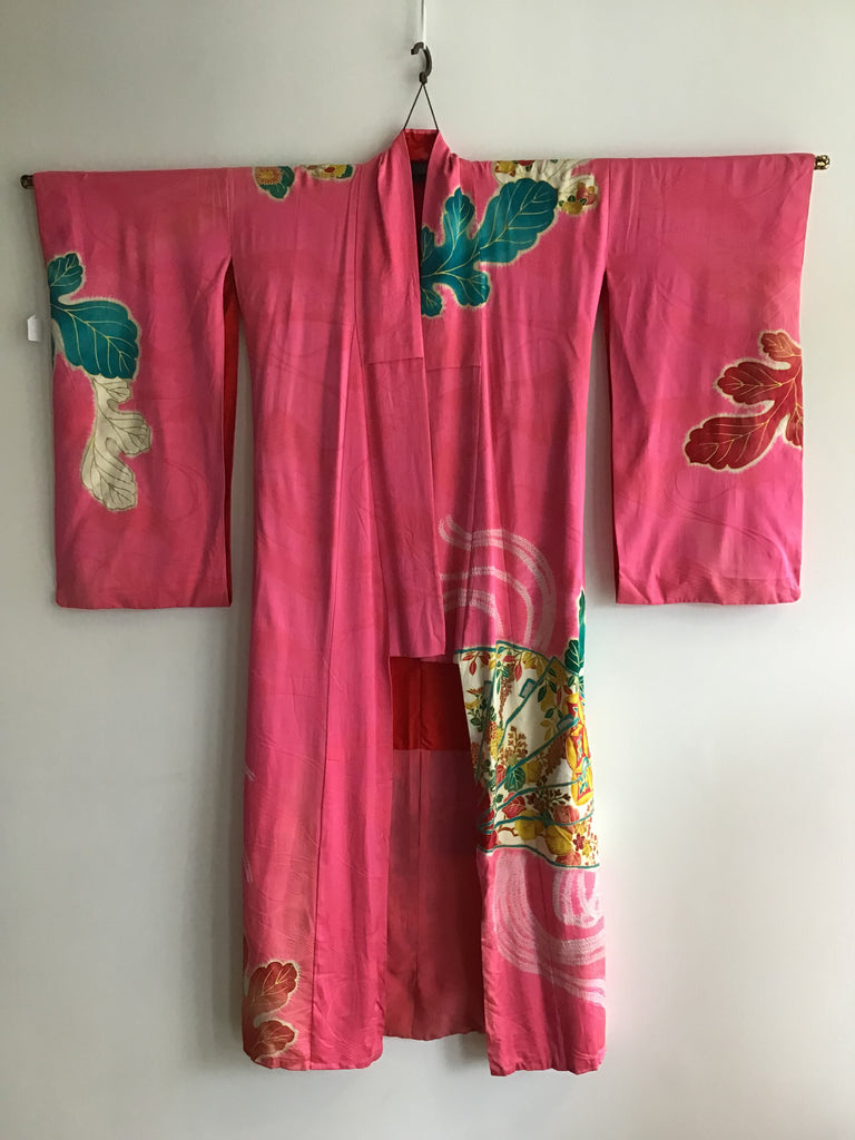 1950s Pink Silk Kimono with Large Leaves