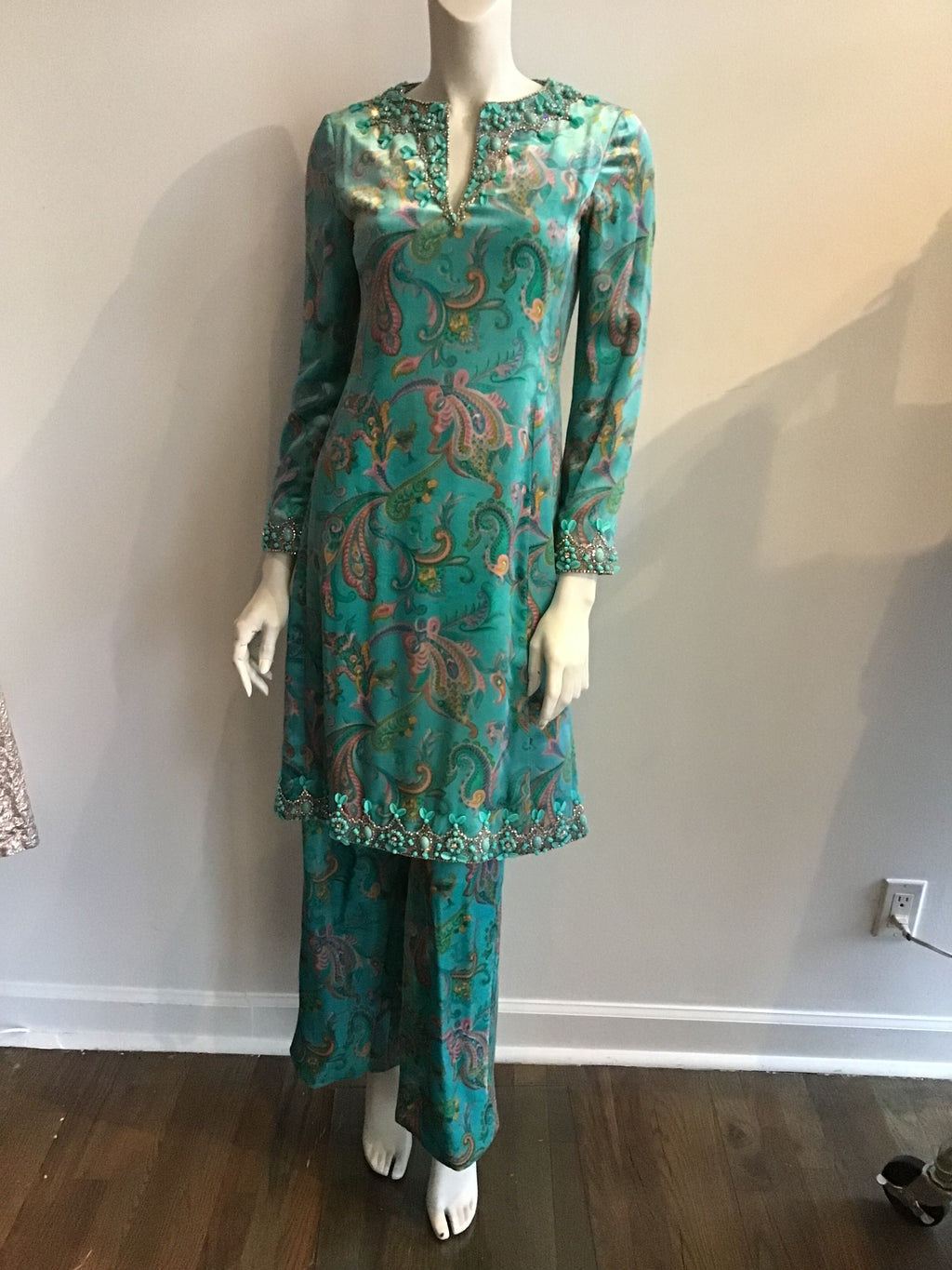 1960s Aqua Paisley velvet 2 piece ensemble with beading 