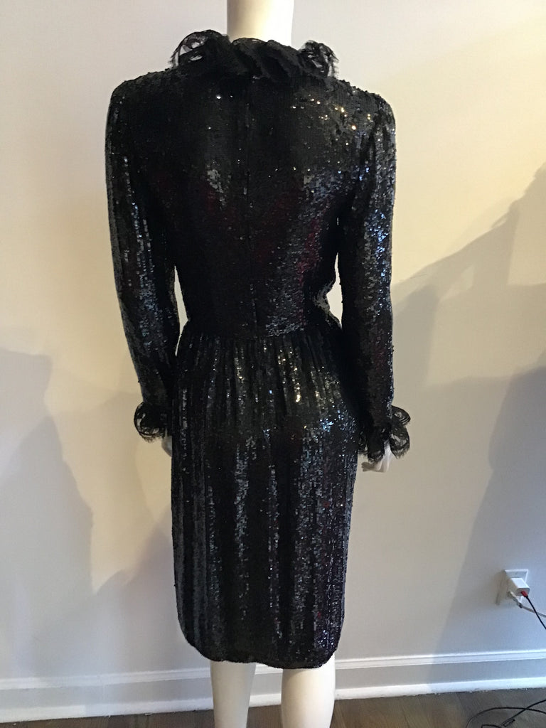 70s Oscar De La Renta Black Sequined Cocktail Dress