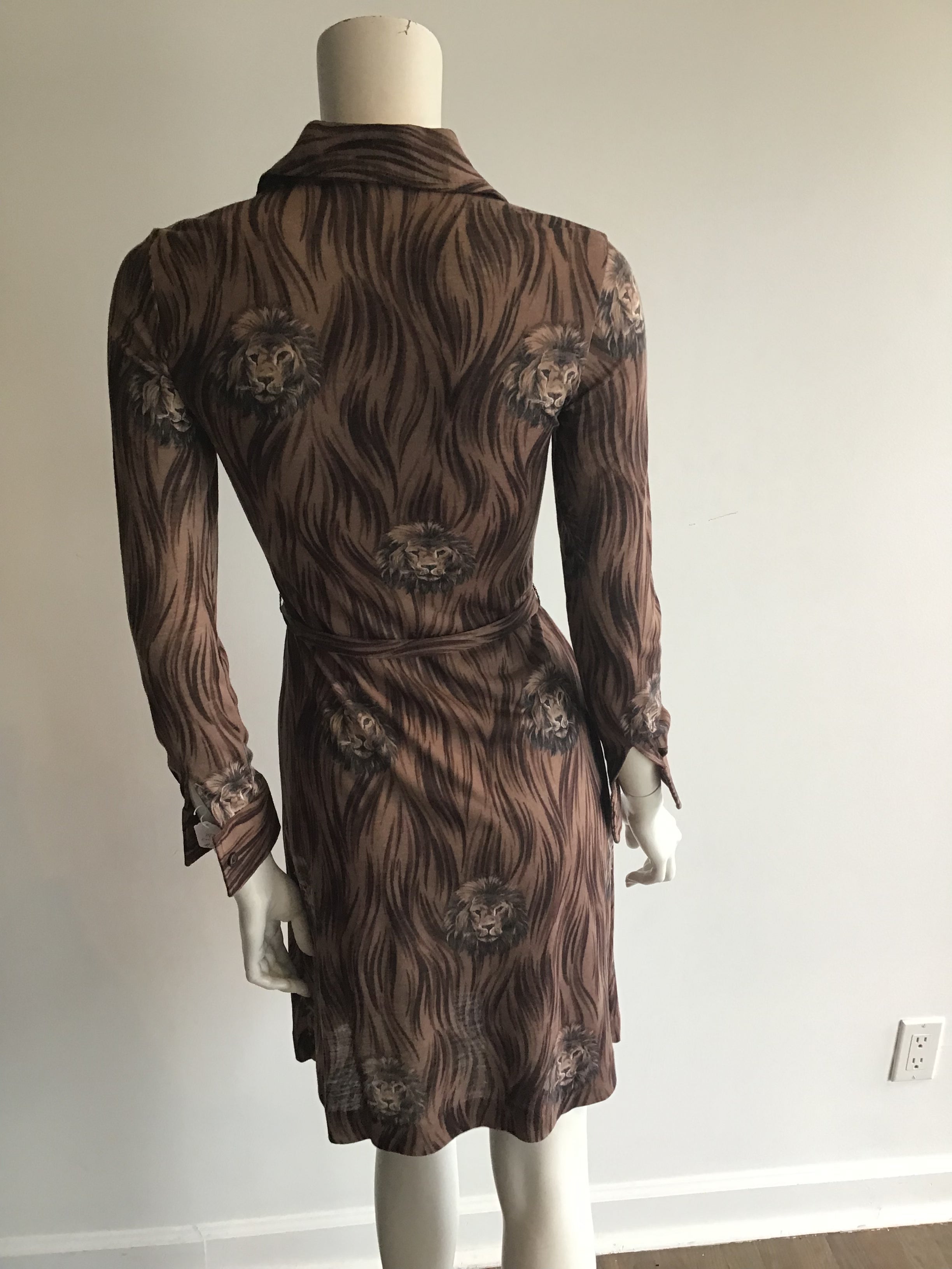 1970's Saint Clair for Thayer Brown Printed Dress with Lions