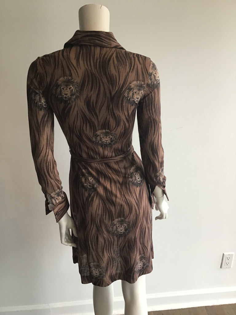 1970s Saint Clair for Thayer Brown Printed Dress with Lions