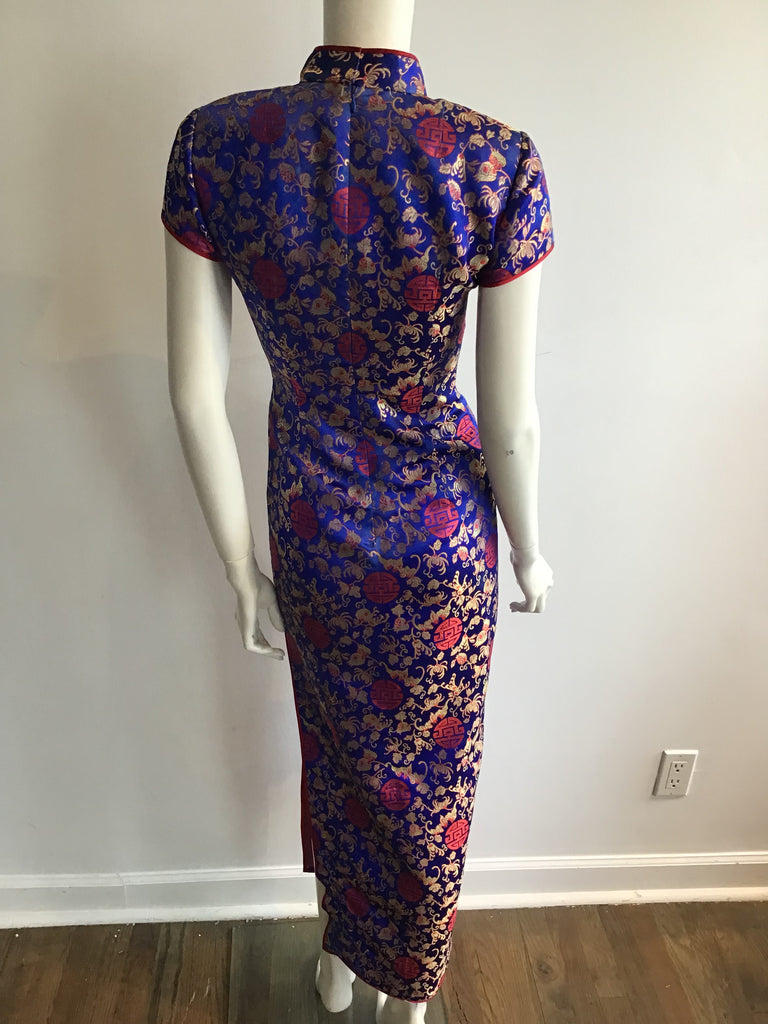 1990s  Chinese Cheongsam (Quipao) Blue & Red  Silk  Dress Size 2-4