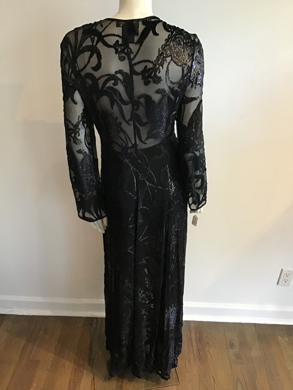 1990s Escada Black  Long Silk burnout velvet Tunic and Silk Pants Size 8
