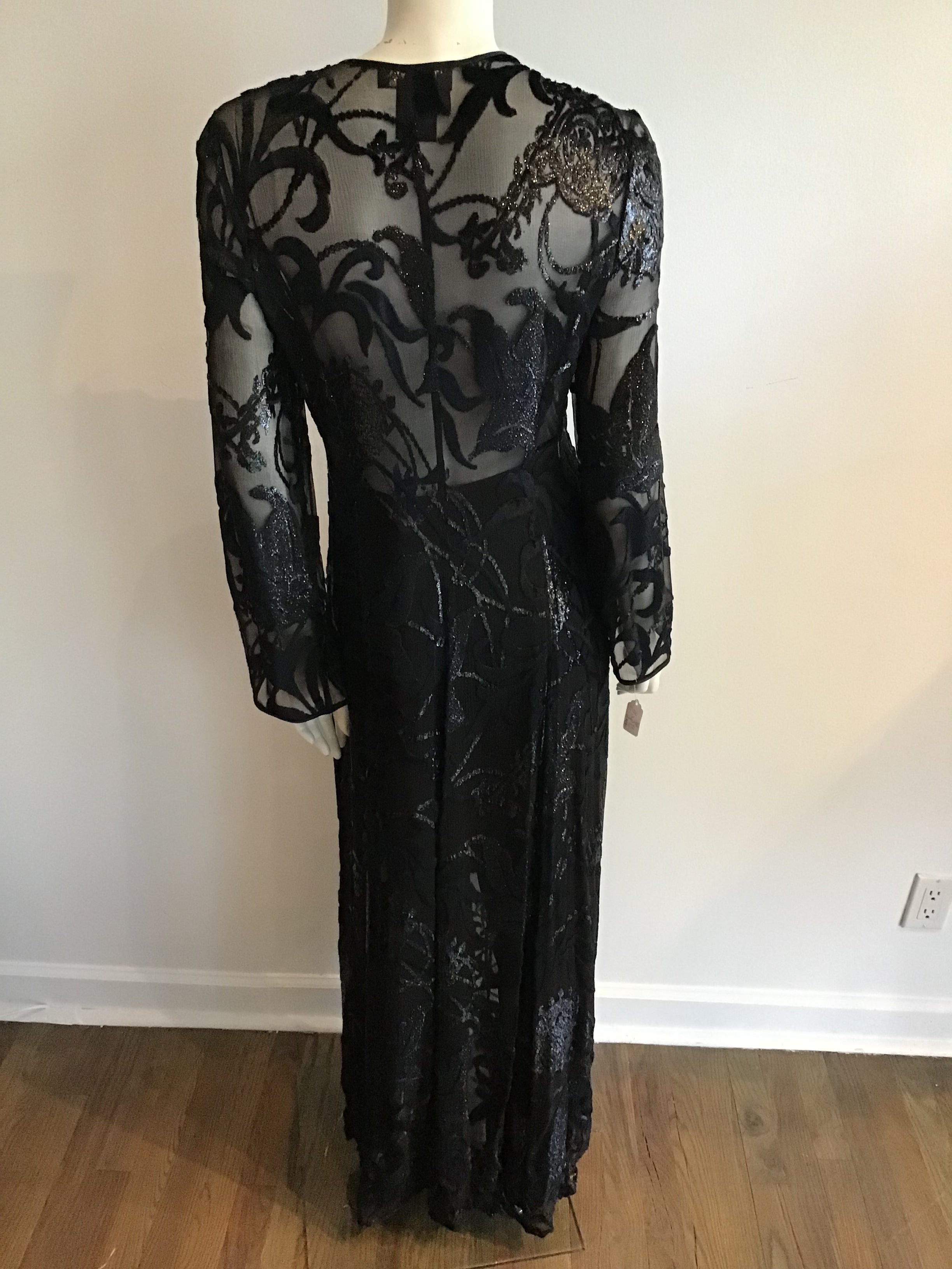 1990s Escada Black  Long Silk burnout velvet Tunic and Silk Pants Size 8