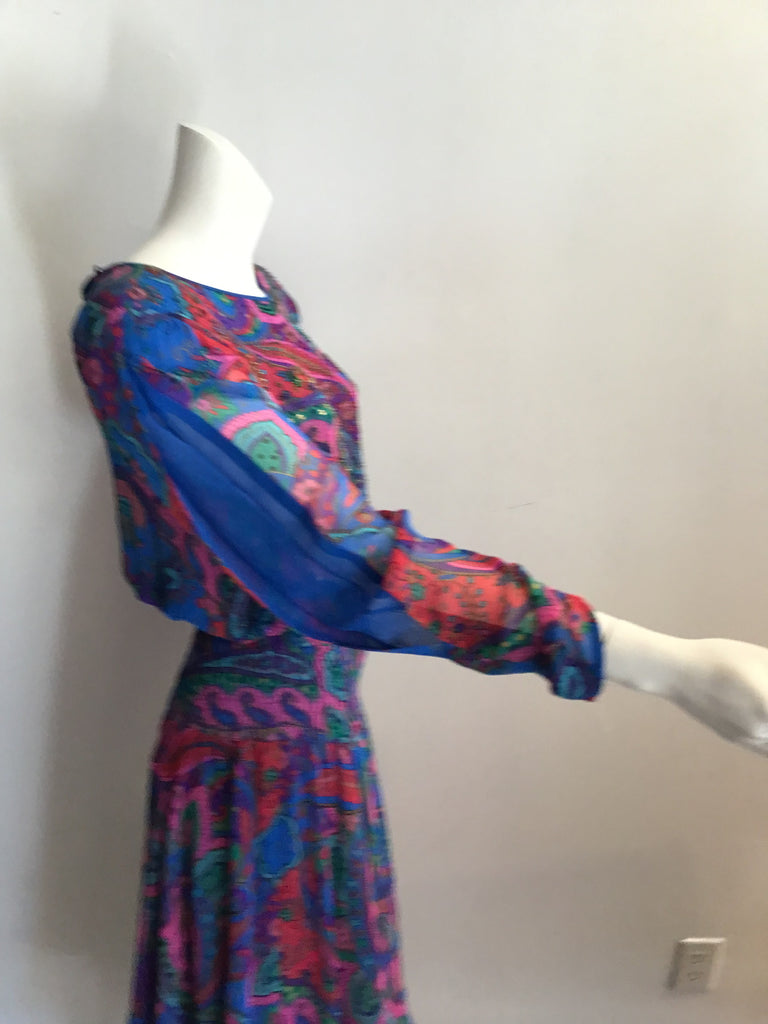 1980s Diane Freis Blue and Pink Chiffon Maxi Dress