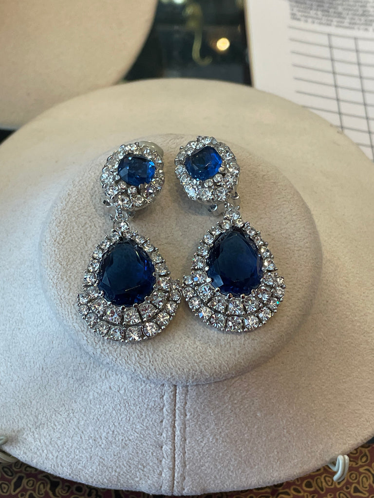 Ciner Blue Sapphire and Rhinestone Crystal  Drop Earrings